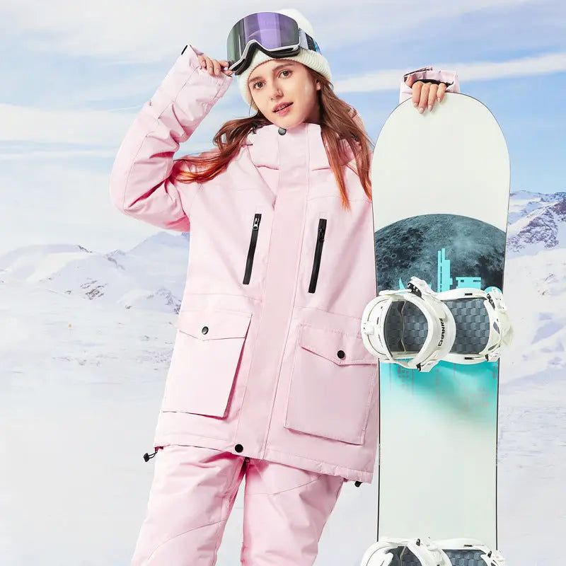 Classical Cargo Snowboarding Jacket Women Solid Color Ski Coat