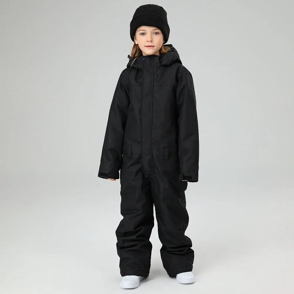 Children One Piece Ski Jumpsuits Waterproof Hooded Snowsuits