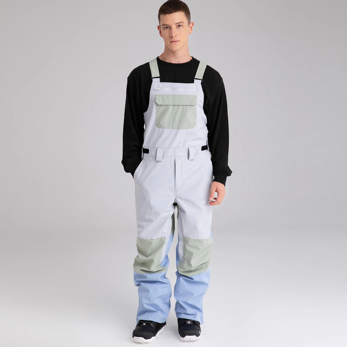Adult Color Block Ski Overalls Bib Pants With Adjustable Strap