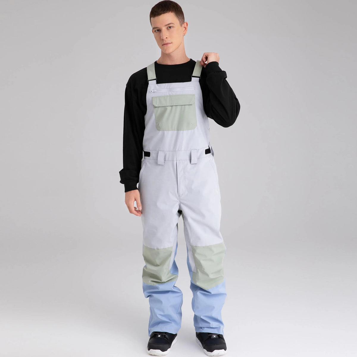 Adult Color Block Ski Overalls Bib Pants With Adjustable Strap