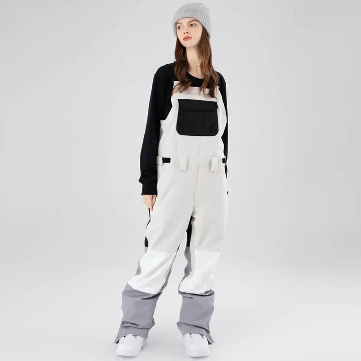 Cool Women Color Block Ski Overall Bib Pants With Adjustable Strap