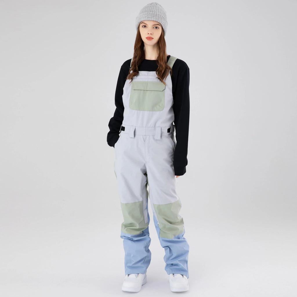Cool Women Color Block Ski Overall Bib Pants With Adjustable Strap