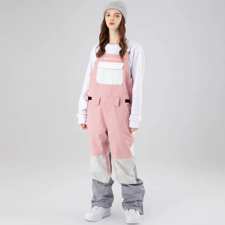 Cool Women Color Block Ski Overall Bib Pants With Adjustable Strap