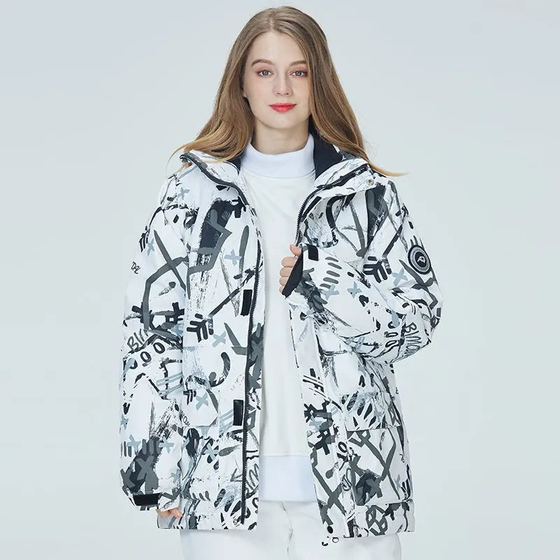Matching Couple Graffiti Print Hooded Ski Cargo Jacket