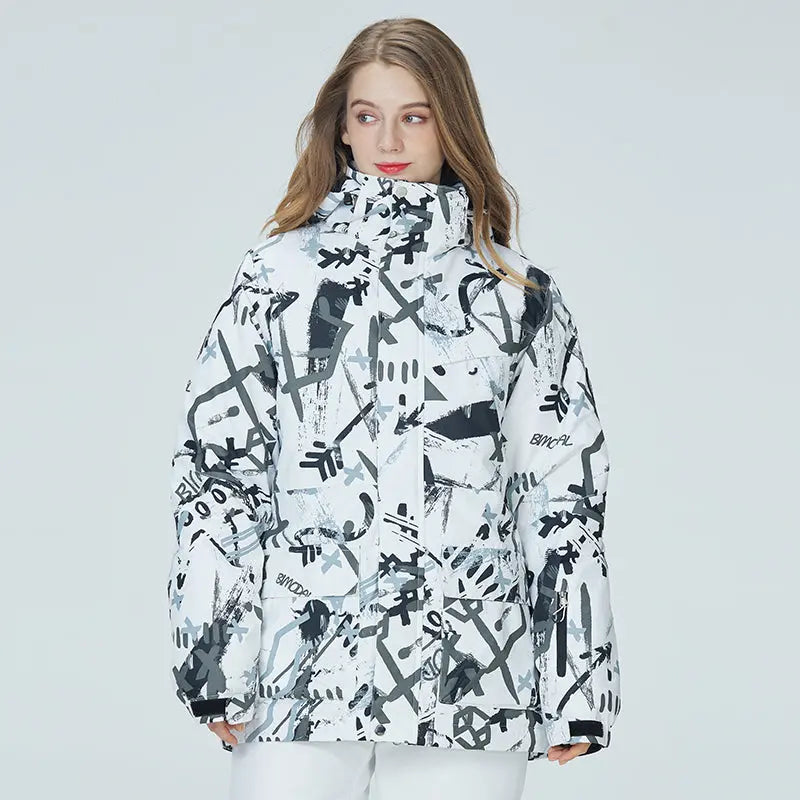 Matching Couple Graffiti Print Hooded Ski Cargo Jacket
