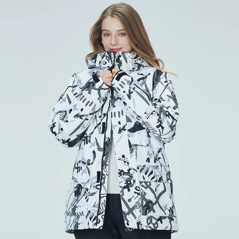 Matching Couple Graffiti Print Hooded Ski Cargo Jacket