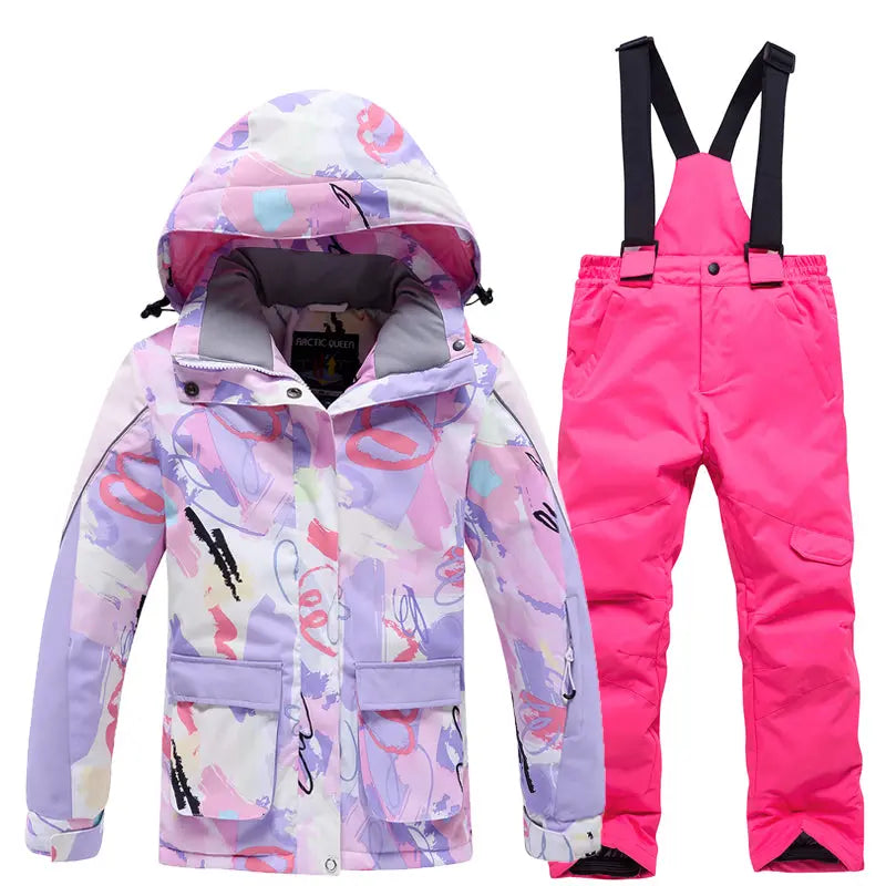 Kids Cartoon Printed Snow Jackets & Bibs Pants Waterproof