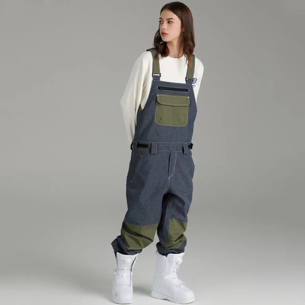Hotian Women Colorblock Ski Snow Bibs Pants Windproof