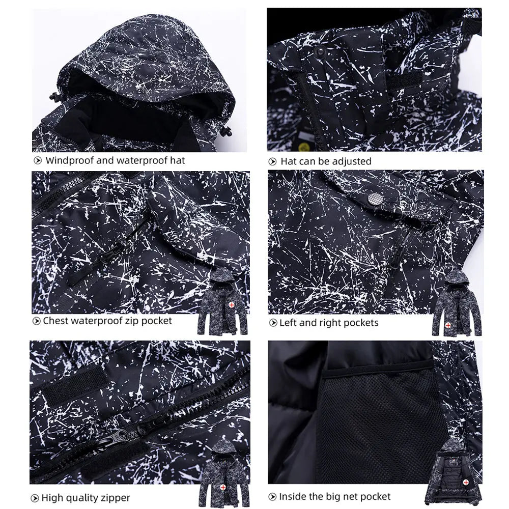Unisex Marble Pattern Hooded Snowboard Ski Jacket and Pants Set