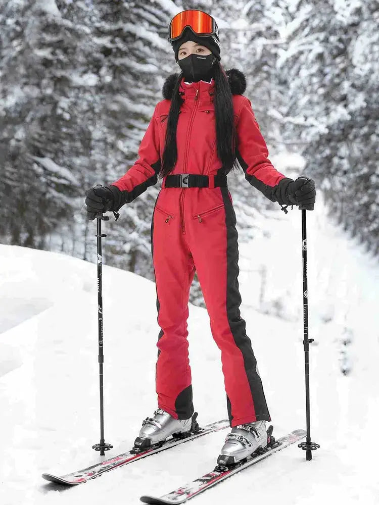 Women Belt One-piece Snow Jumpsuits Fur Collar Snowsuits