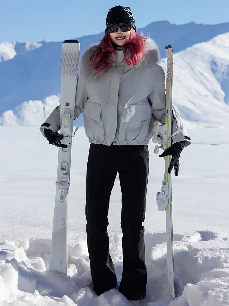 Women Fur Collar Snow Jacket &  Slim Fit Snow Bib Overalls