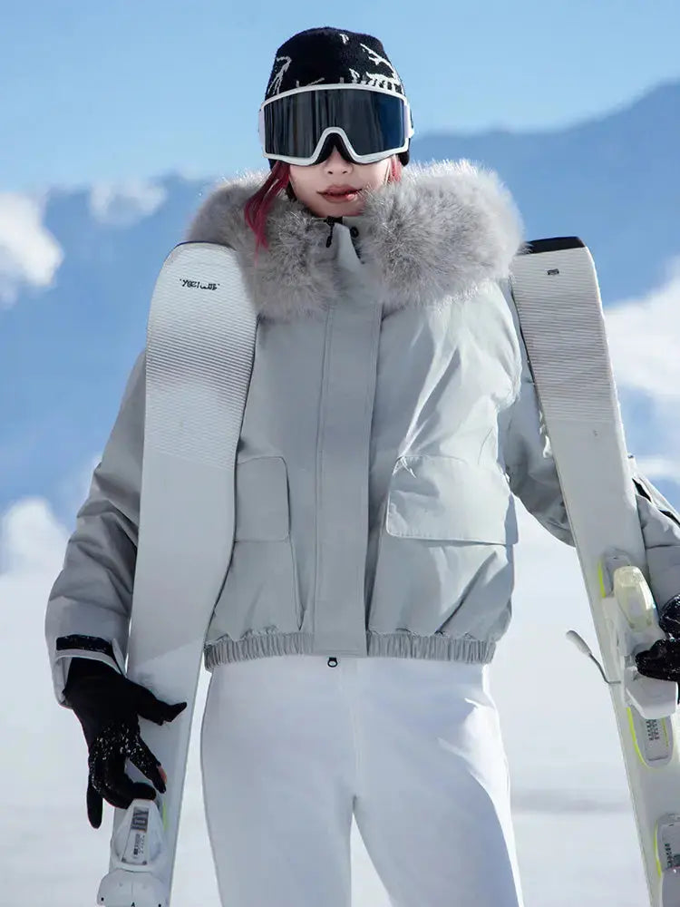 Women Fur Collar Snow Jacket &  Slim Fit Snow Bib Overalls