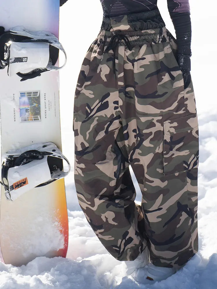 Women's Camo Snownoard Pants Baggy Drawstring Ski Trousers