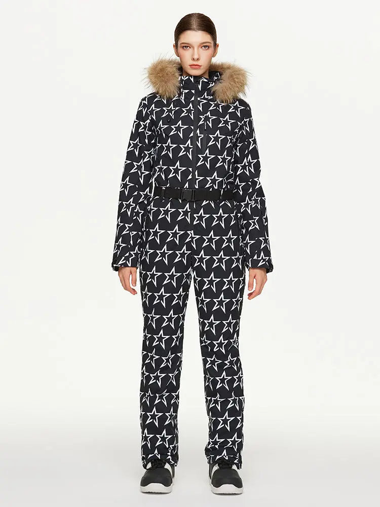 Women's Chic Full Body Onesie Ski Jumpsuit Houndstooth Printed Skisuits